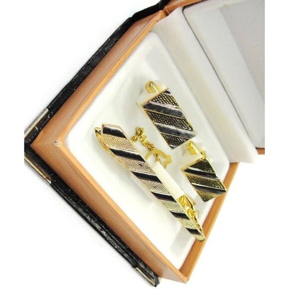 Cufflinks Set w Neck Tie Clip Gold Tone Unique Design Shirt Suit Vintage IOB - Picture 1 of 10